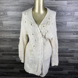 ALIFE Open Style Beaded Flowers Accent Ivory Cardigan Sweater Women's Size M